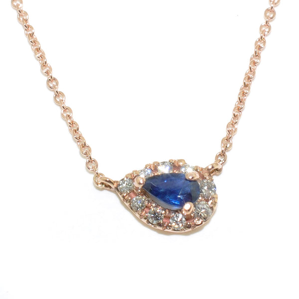 graziella 14KT Rose Gold 0.19CT Blue Sapphire and Diamond Pendant on 10KT Rose Gold 18" Rolo Chain