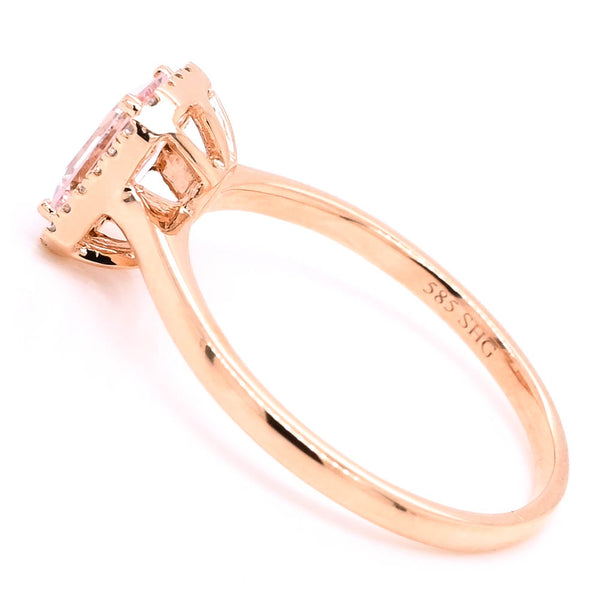 Graziella 14KT Rose Gold 0.49CT Emerald Shape Morganite & Diamond Ring. Diamo