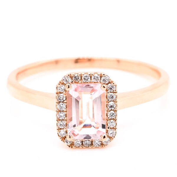 graziella 14KT Rose Gold 0.49CT Emerald shape Morganite & Diamond Ring. Diamo