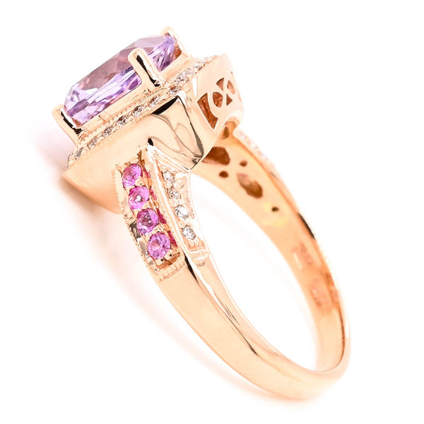 Graziella 14KT Rose Gold 2.00CT Lilac Quartz Pink Tourmaline & Diamond Halo Set Ring