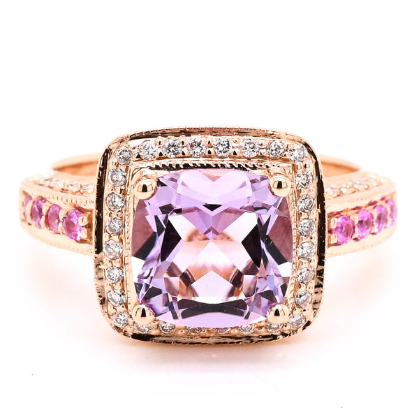 graziella 14KT Rose Gold 2.00CT Lilac Quartz Pink Tourmaline & Diamond Halo Set Ring