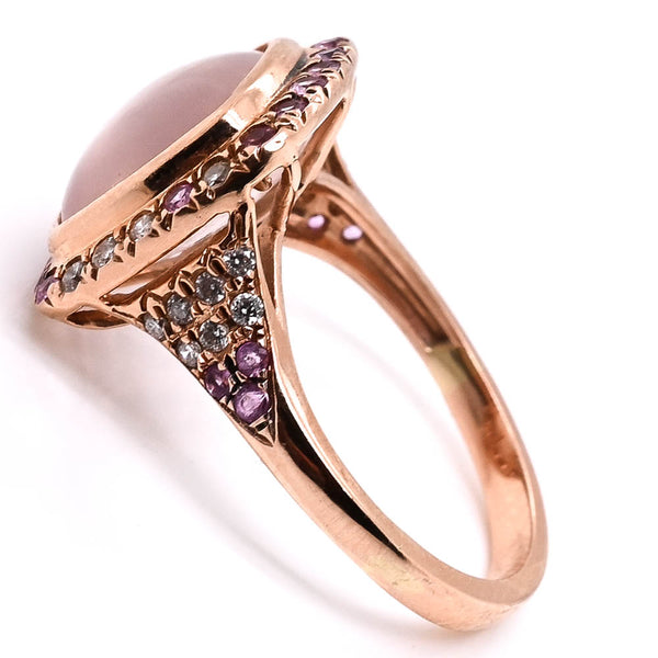 Graziella 14KT Rose Gold Cabachon Rose Quartz Diamond & Pink Sapphire Ring