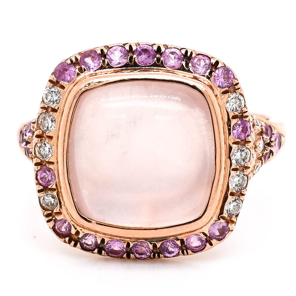 graziella 14KT Rose Gold Cabachon Rose Quartz Diamond & Pink Sapphire Ring
