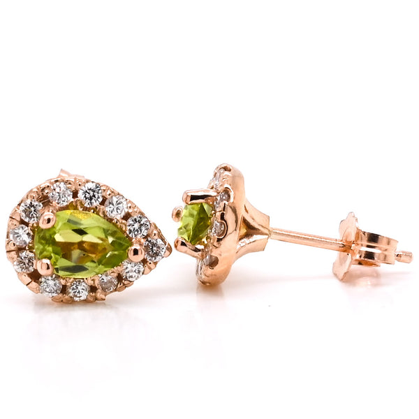 graziella 14KT Rose Gold Pear Shape Peridot and Diamond Halo Set Earrings
