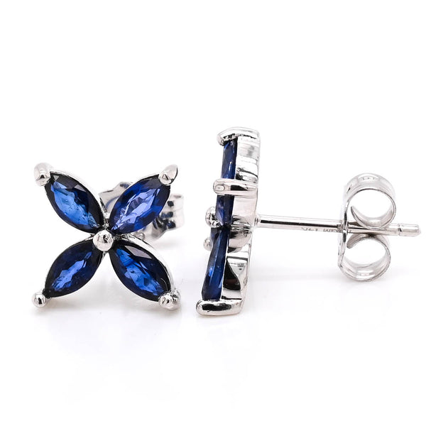 graziella 14KT White Blue Sapphire Flower Stud Earrings