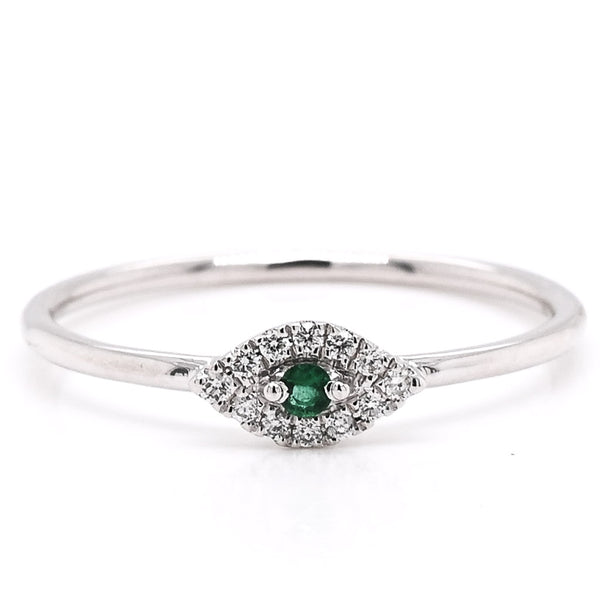 graziella 14KT White Gold 0.03CT Round Emerald & Diamond Evileye Ring