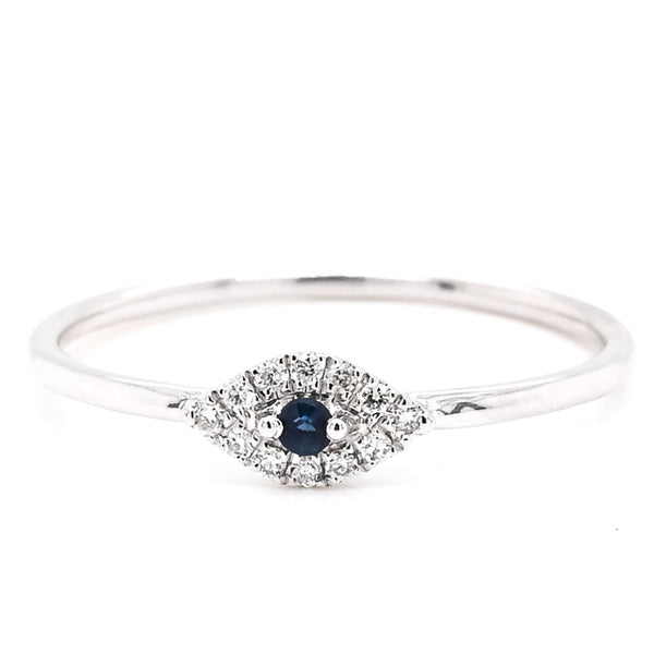 graziella 14KT White Gold 0.05CT Round Blue Sapphire & Diamond Evileye Ring
