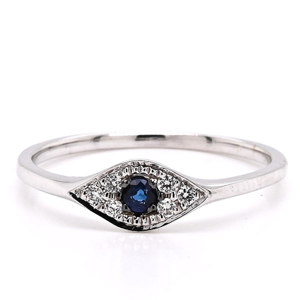 graziella 14KT White Gold 0.05CT Round Blue Sapphire & Diamond Evileye Ring