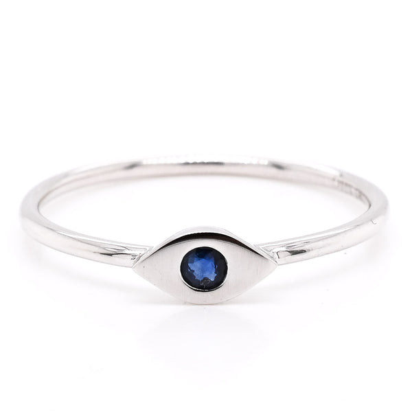 graziella 14KT White Gold 0.05CT Round Blue Sapphire Evileye Ring