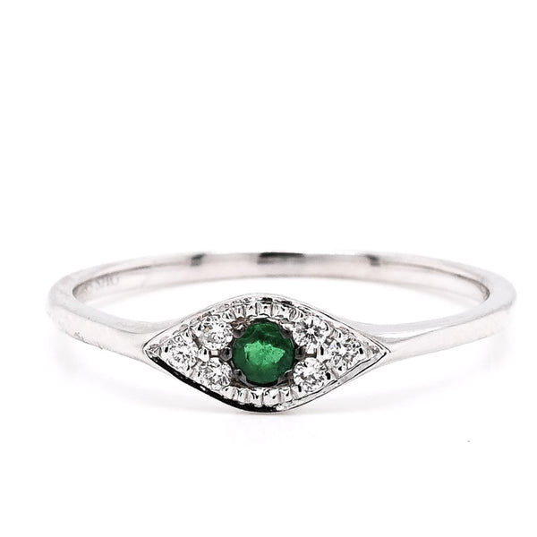 graziella 14KT White Gold 0.05CT Round Emerald & Diamond Evileye Ring