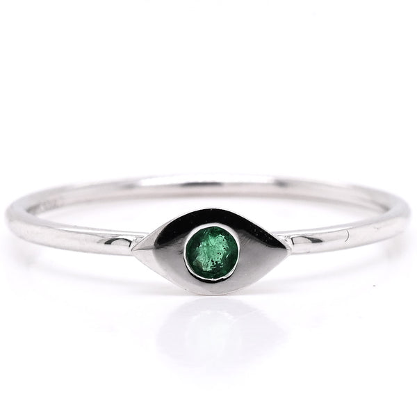 graziella 14KT White Gold 0.05CT Round Green Emerald Evileye Ring