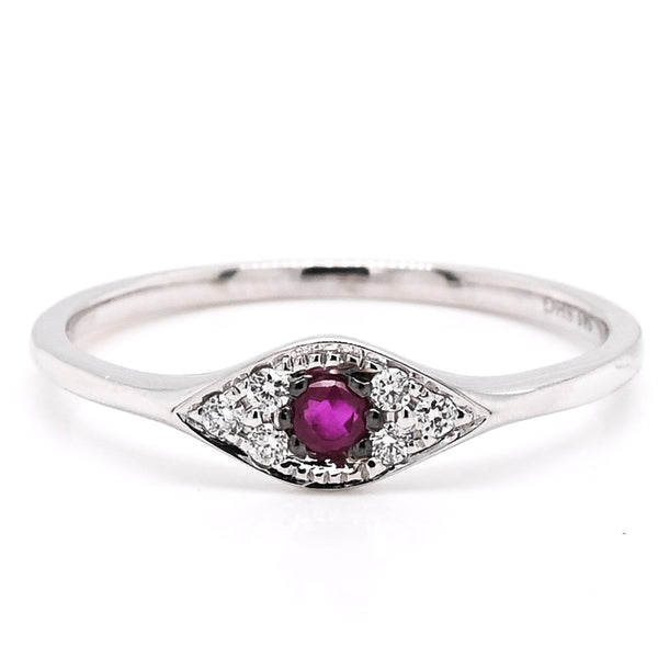 graziella 14KT White Gold 0.05CT Round Ruby & Diamond Evileye Ring