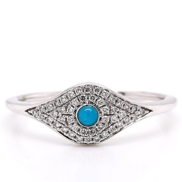 graziella 14KT White Gold 0.11CTW Diamond and Turquoise Evil Eye Ring