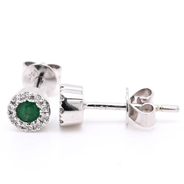 graziella 14KT White Gold 0.23CTW Emerald & Diamond Halo Set Stud Earrings
