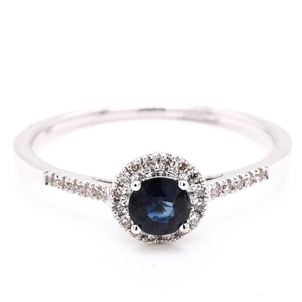 graziella 14KT White Gold 0.30CT Round Brilliant Blue Sapphire & Diamond Halo Set Ring