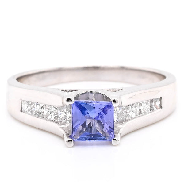 graziella 14KT White Gold 0.49CT Princess Cut Tanzanite & Diamond Accent Ring