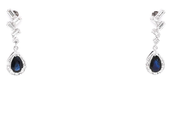 graziella 14KT White Gold 0.54CTW Peaar shape Blu Sapphire & Diamond Drop Earrings