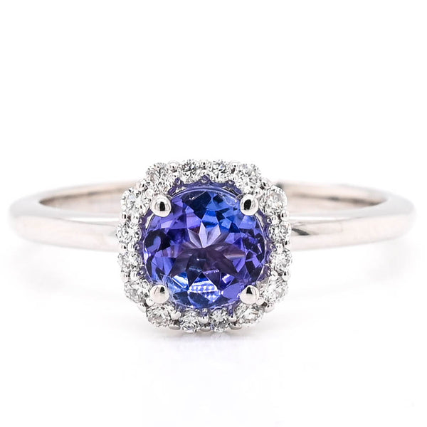graziella 14KT White Gold 0.58CT Round Shape Tanzanite & Diamond Halo Set Ring