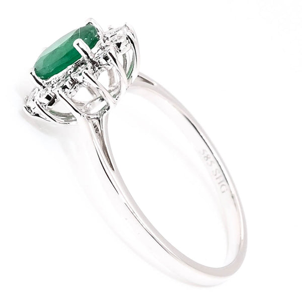 Graziella 14KT White Gold 0.64CT Oval Shape Emerald & Diamond Cluster Ring