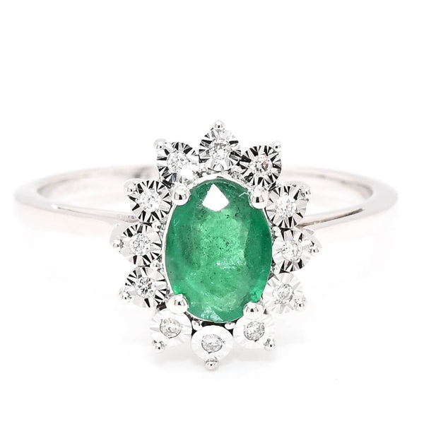 graziella 14KT White Gold 0.64CT Oval Shape Emerald & Diamond Cluster Ring