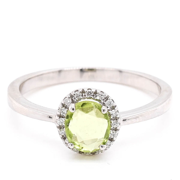 graziella 14KT White Gold 0.69CT Oval Shape Peridot & Diamond Halo Set Ring