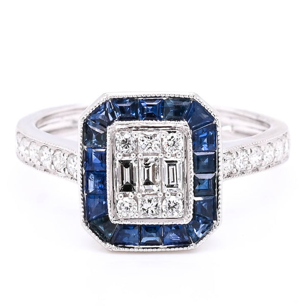graziella 14KT White Gold 0.75CTW Blue Sapphire & Diamond Halo Set Ring