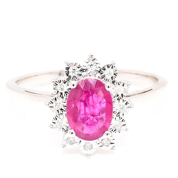 graziella 14KT White Gold 0.76CT Oval Shape Ruby & Diamond Cluster Ring