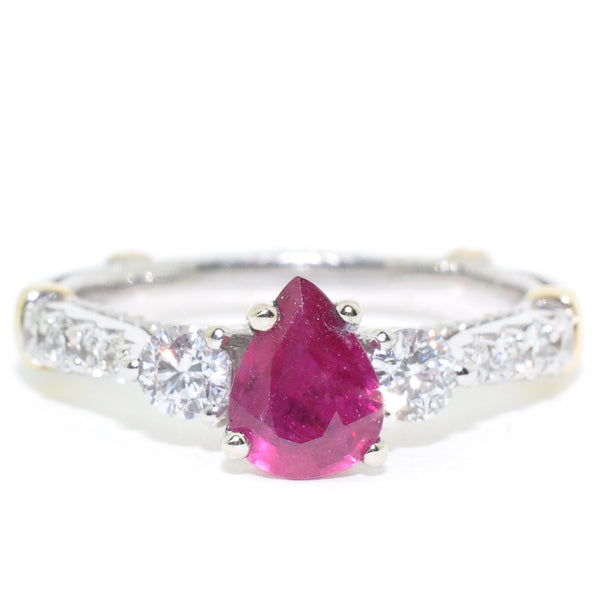 graziella 14KT White Gold 0.76CT Pear Shape Natural Ruby and Diamond Ring