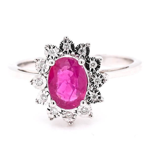 graziella 14KT White Gold 0.80CT Oval Shape Ruby & Diamond Cluster Ring