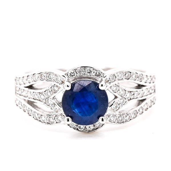 graziella 14KT White Gold 0.80CT Round Brilliant Blue Sapphire & Diamond Ring