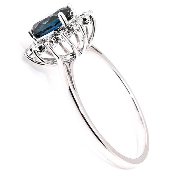 Graziella 14KT White Gold 1.07CT Oval Shape Blue Sapphire & Diamond Cluster Ring