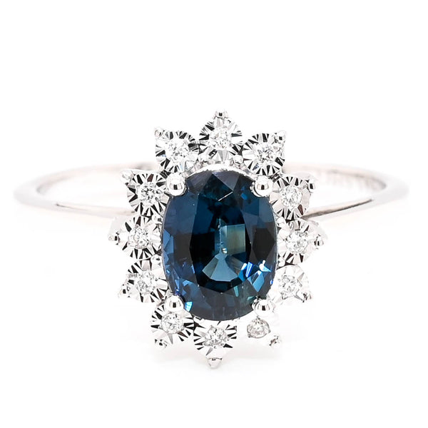 graziella 14KT White Gold 1.07CT Oval Shape Blue Sapphire & Diamond Cluster Ring