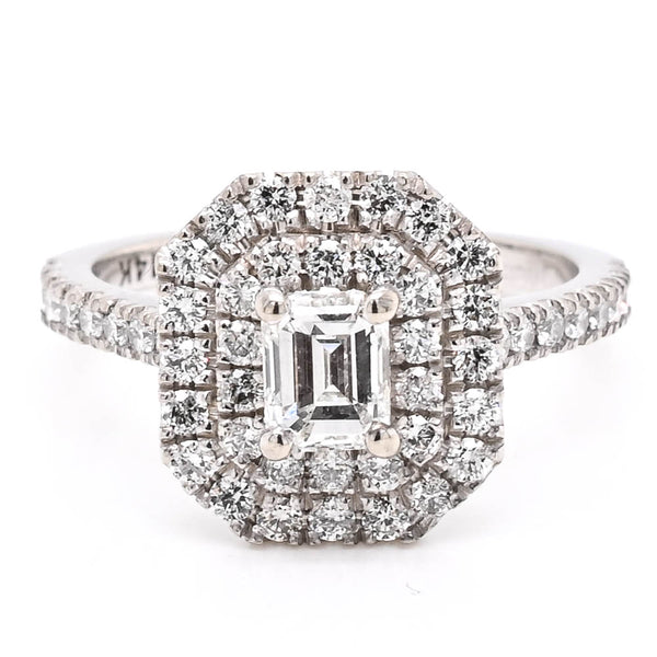 graziella 14KT White Gold 1.11CTW Emerald Shape Candadian Diamond Halo Engagement Ring