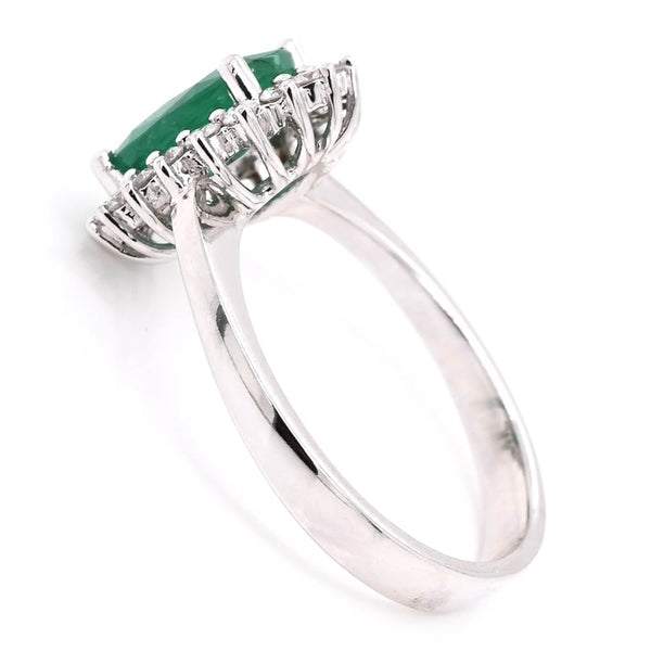 Graziella 14KT White Gold 1.44CT Oval Shape Emerald & Diamond Cluster Ring