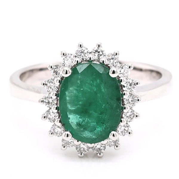 graziella 14KT White Gold 1.44CT Oval Shape Emerald & Diamond Cluster Ring