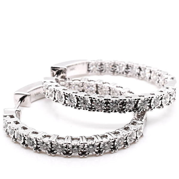 graziella 14KT White Gold 1.47CTW CTW Medium Hoop Style Backing Diamond Earrings