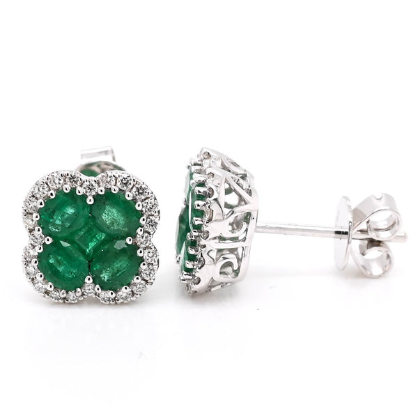 graziella 14KT White Gold 1.57CTW Emerald Diamond Halo Set stud Earrings