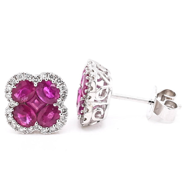 graziella 14KT White Gold 1.95CTW Ruby & Diamond Halo Set stud Earrings
