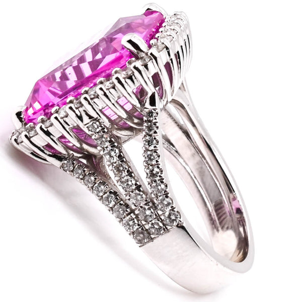 Graziella 14KT White Gold 11.29CT Emerald Shape Synthetic Pink Sapphire & Diamond Ring
