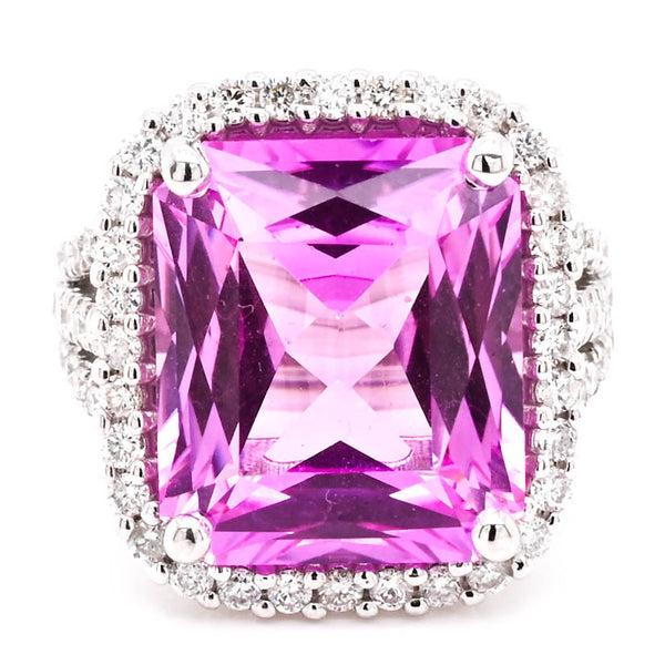 graziella 14KT White Gold 11.29CT Emerald Shape Synthetic Pink Sapphire & Diamond Ring