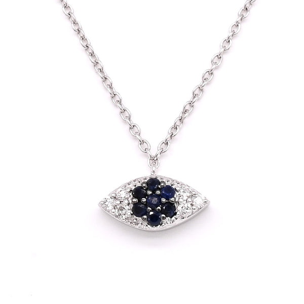 graziella 14KT White Gold 18" 0.07CT Blue Sapphire and Diamond Evil Eye Necklace
