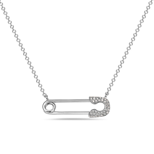 graziella 14KT White Gold 18" 0.08CTW Diamond Safety Pin Necklace