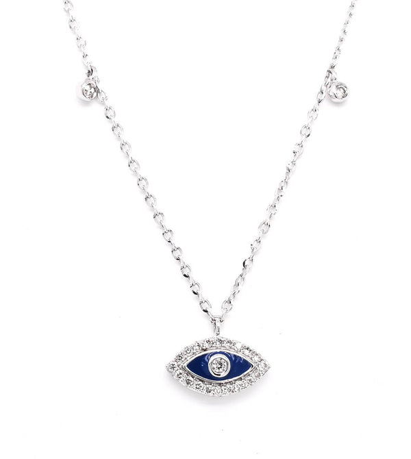 graziella 14KT White Gold 18" 0.09CTW Diamond & Enamel Evil Eye Necklace