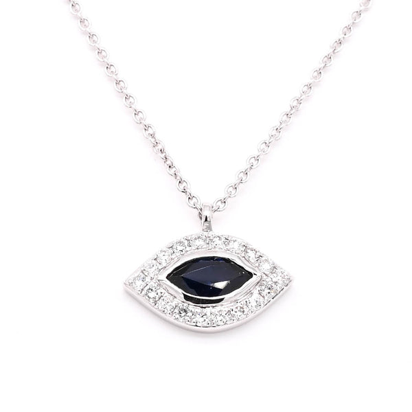 graziella 14KT White Gold 18" 0.28CT Blue Sapphire and Diamond Evil Eye Necklace