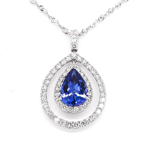graziella 14KT White Gold 18" 2.20CTCT Pear Shape Tanzanite & Diamond Double Halo Set Necklace