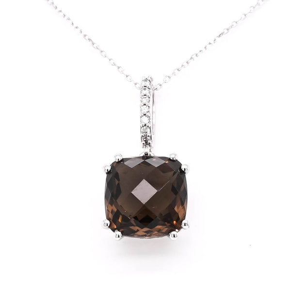 graziella 14KT White Gold 18" 3.59CT Cushion Shape Smoky Quartz & Diamond Neckla