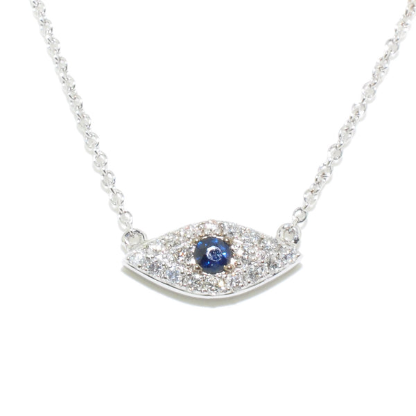 graziella 14KT White Gold 18" Blue Sapphire and Diamond Evil Eye Necklace