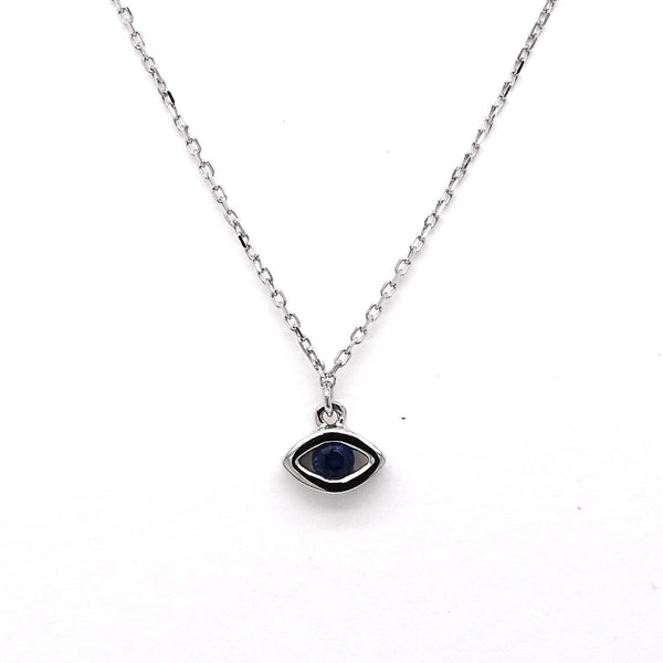 graziella 14KT White Gold 18" Round Shape Blue Sapphire Evileye Necklace