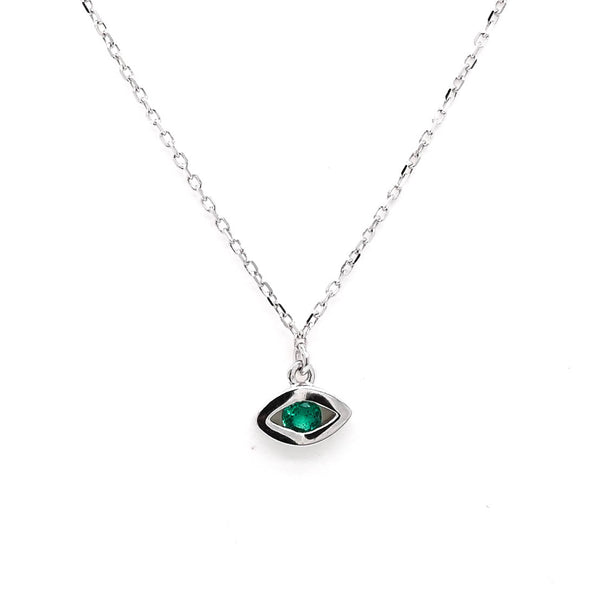 graziella 14KT White Gold 18" Round Shape Emerald Evileye Necklace