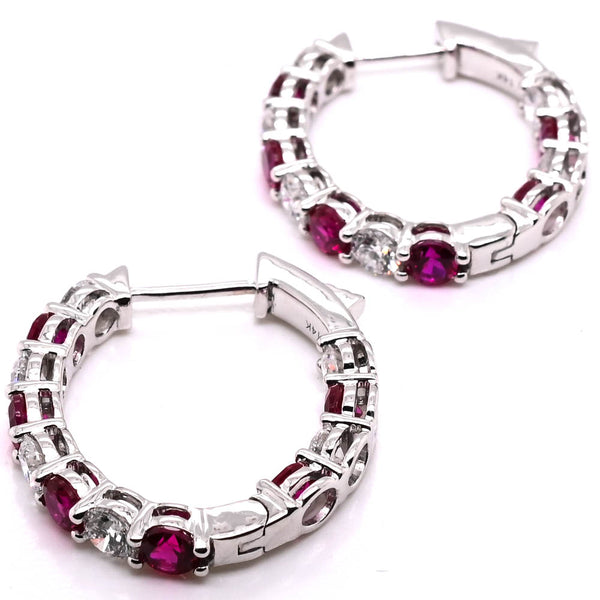Graziella 14KT White Gold 2.19CTW LAB Created Ruby & Diamond Oval Hoop Earrings